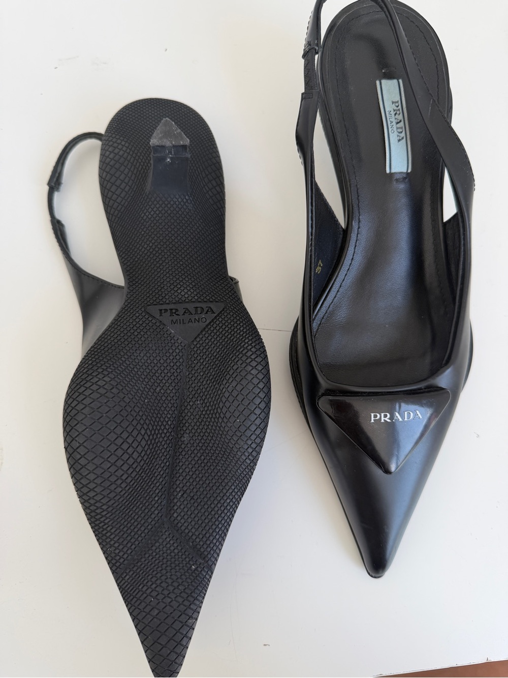 Prada Black Pointed Slingback Pumps with Logo Plaque - Picture 3 of 7